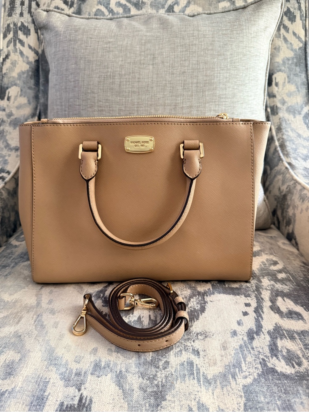 Michael Kors Beige/Tan Saffiano Leather Satchel with Gold Hardware